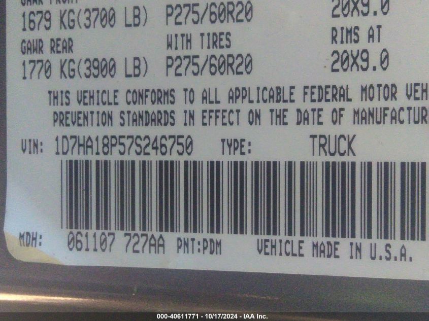 2007 Dodge Ram 1500 Slt VIN: 1D7HA18P57S246750 Lot: 40611771