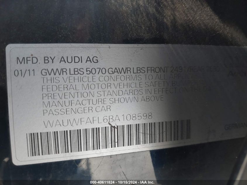 2011 Audi A4 2.0T Premium VIN: WAUWFAFL6BA108598 Lot: 40611824