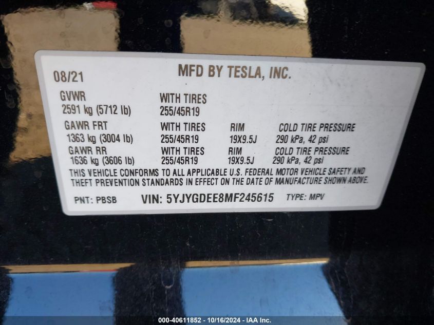 2021 Tesla Model Y Long Range Dual Motor All-Wheel Drive VIN: 5YJYGDEE8MF245615 Lot: 40611852