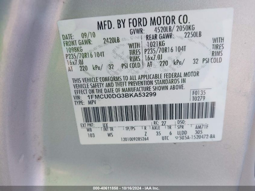 2011 Ford Escape Xlt VIN: 1FMCU0DG3BKA53299 Lot: 40611858