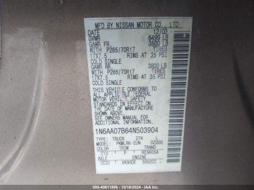 2004 Nissan Titan Xe VIN: 1N6AA07B64N503904 Lot: 40611886