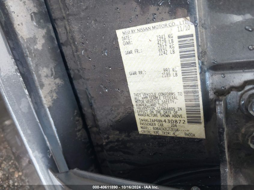 2011 Nissan Altima 2.5 VIN: 1N4AL2AP4BN430872 Lot: 40611890