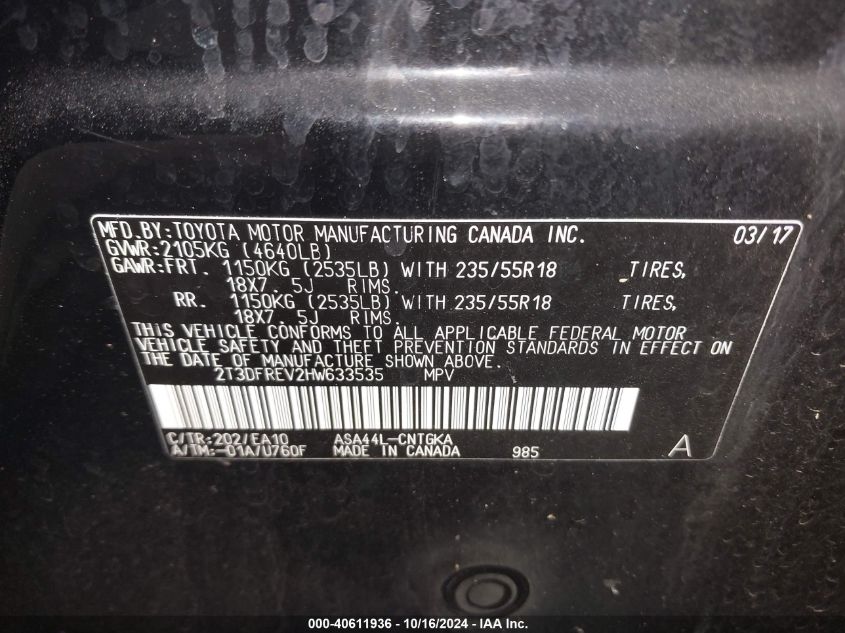 2017 Toyota Rav4 Limited VIN: 2T3DFREV2HW633535 Lot: 40611936