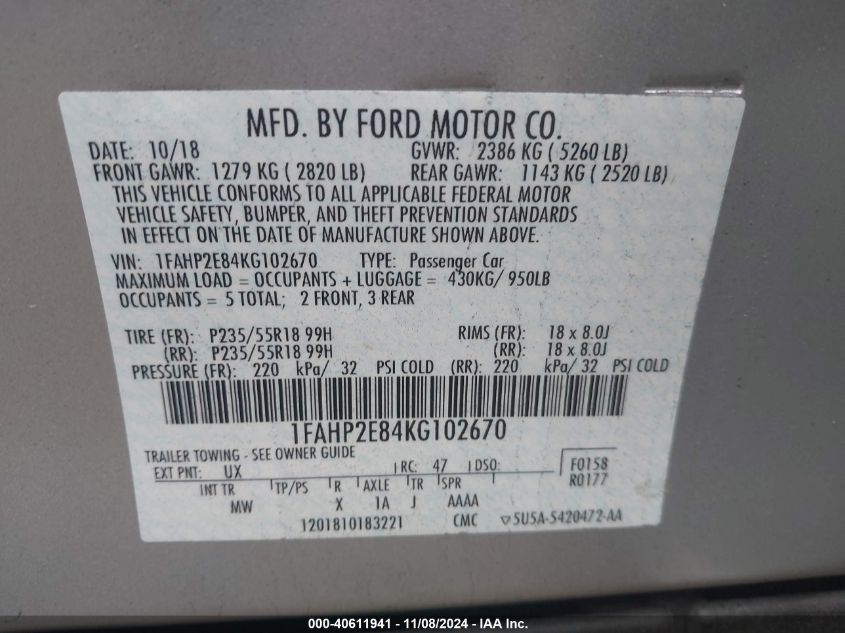 2019 Ford Taurus Sel VIN: 1FAHP2E84KG102670 Lot: 40611941