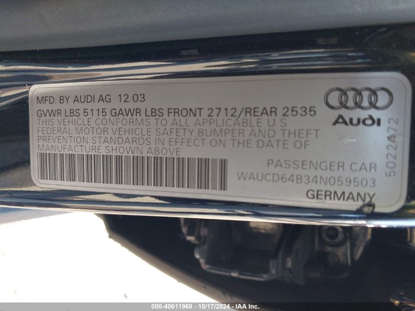 2004 Audi A6 2.7T S-Line VIN: WAUCD64B34N059503 Lot: 40611968