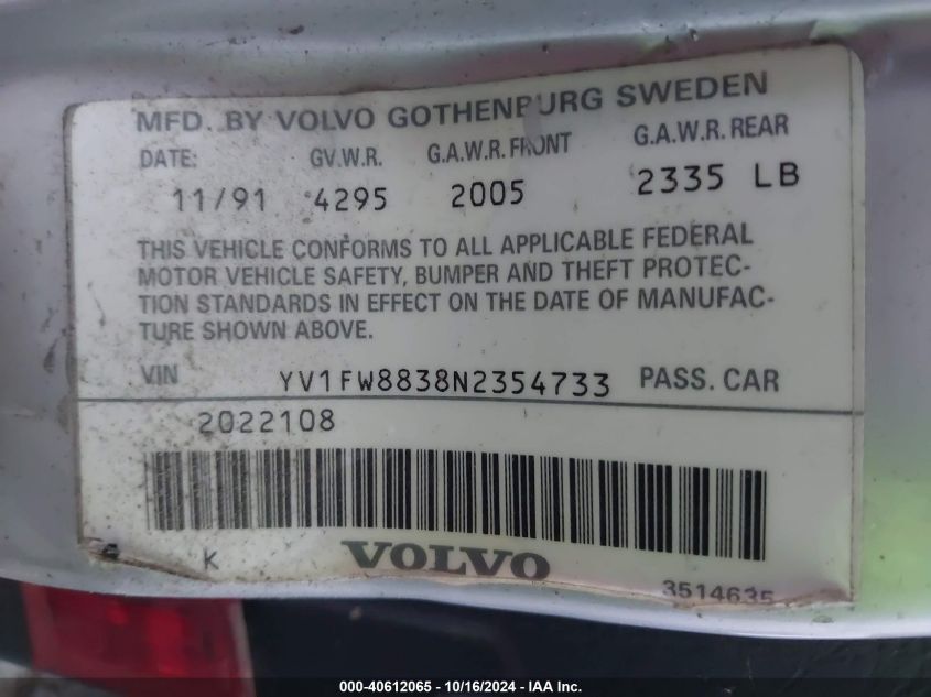 1992 Volvo 740 VIN: YV1FW8838N2354733 Lot: 40612065