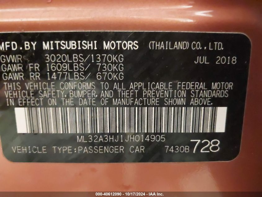 2018 Mitsubishi Mirage Es VIN: ML32A3HJ1JH014905 Lot: 40612090