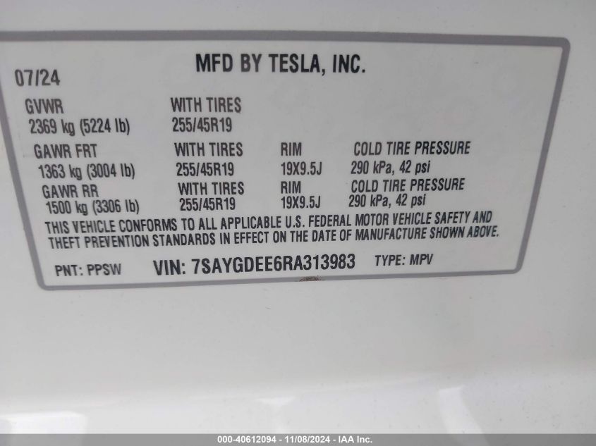 2024 Tesla Model Y Long Range Dual Motor All-Wheel Drive VIN: 7SAYGDEE6RA313983 Lot: 40612094