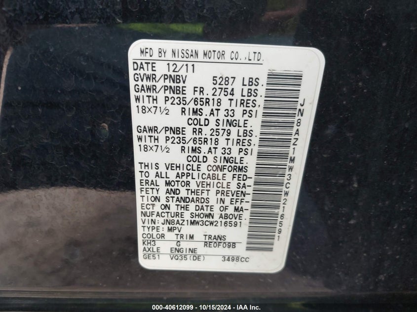 2012 Nissan Murano Sl VIN: JN8AZ1MW3CW216591 Lot: 40612099