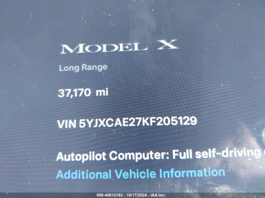 2019 Tesla Model X 100D/75D/Long Range VIN: 5YJXCAE27KF205129 Lot: 40612163