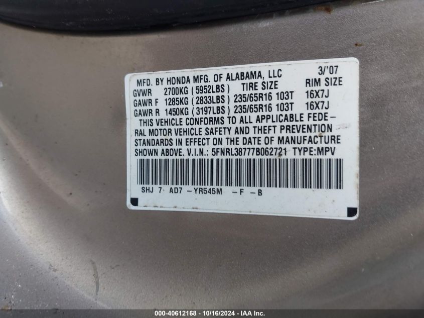 2007 Honda Odyssey Ex-L VIN: 5FNRL38777B062721 Lot: 40612168