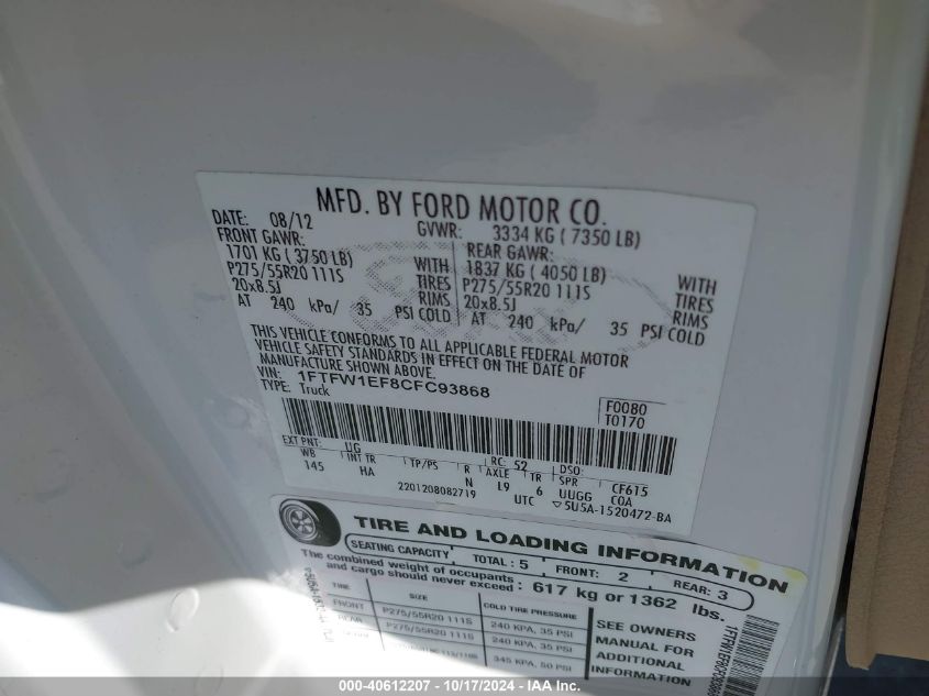 2012 Ford F-150 Lariat VIN: 1FTFW1EF8CFC93868 Lot: 40612207