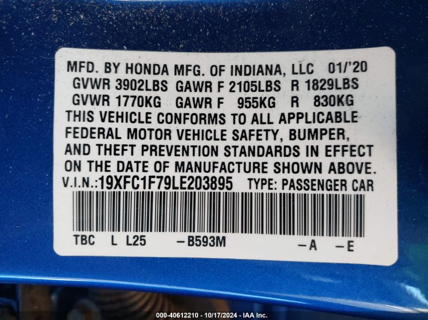 2020 Honda Civic Ex-L VIN: 19XFC1F79LE203895 Lot: 40612210