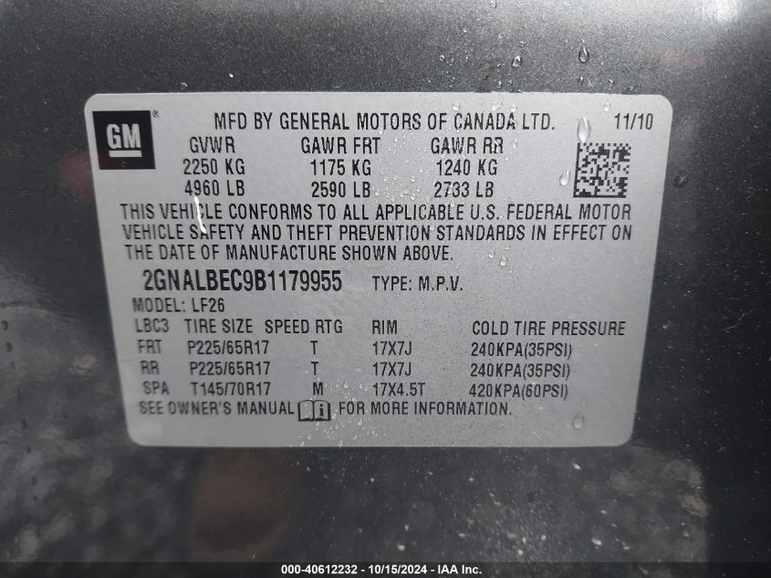 2011 Chevrolet Equinox Ls VIN: 2GNALBEC9B1179955 Lot: 40612232