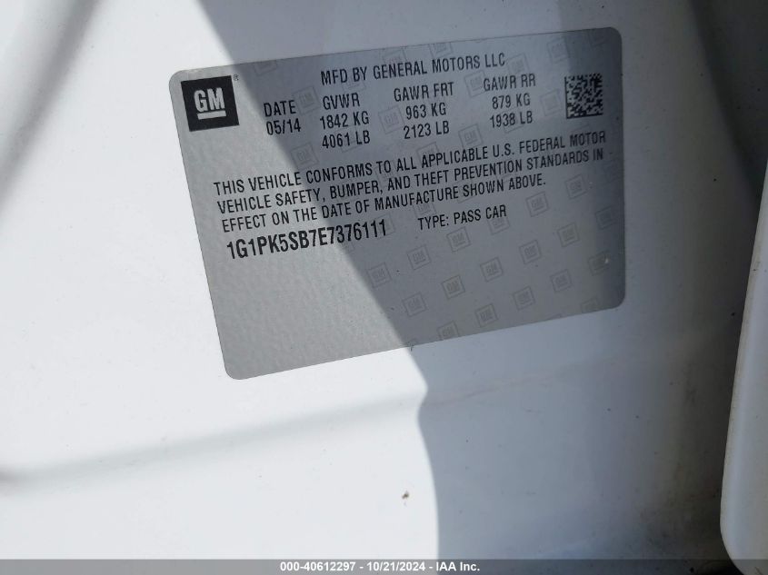 2014 Chevrolet Cruze Lt VIN: 1G1PK5SB7E7376111 Lot: 40612297