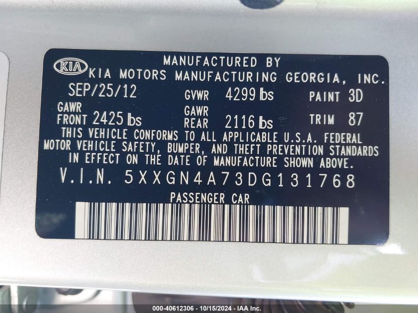 2013 Kia Optima Ex VIN: 5XXGN4A73DG131768 Lot: 40612306