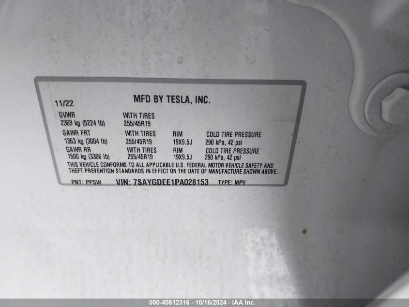 2023 Tesla Model Y Awd/Long Range Dual Motor All-Wheel Drive VIN: 7SAYGDEE1PA028153 Lot: 40612316