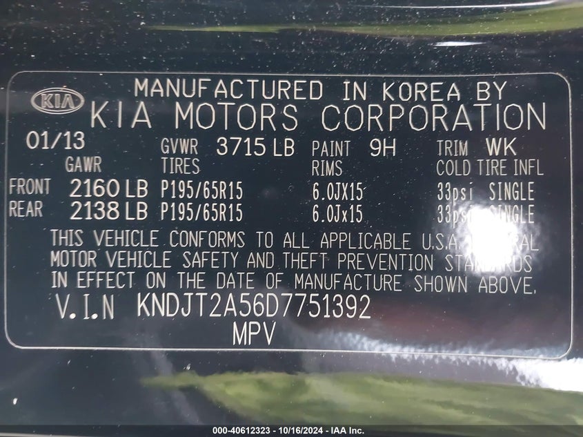 2013 Kia Soul VIN: KNDJT2A56D7751392 Lot: 40612323