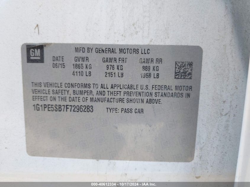 2015 Chevrolet Cruze 2Lt Auto VIN: 1G1PE5SB7F7296283 Lot: 40612334