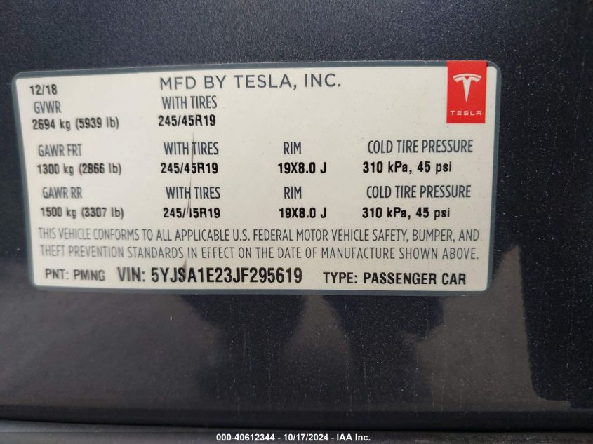 2018 Tesla Model S 100D/75D/P100D VIN: 5YJSA1E23JF295619 Lot: 40612344