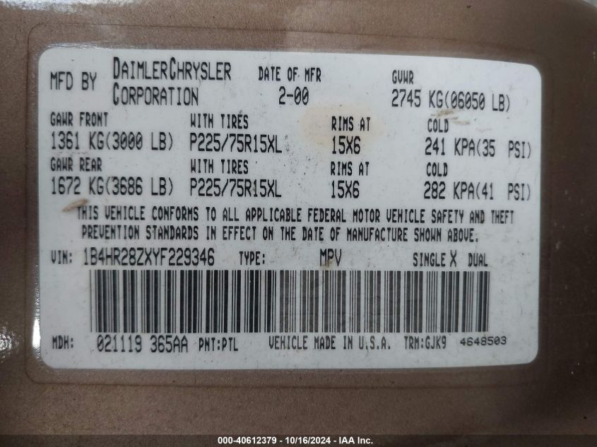 2000 Dodge Durango VIN: 1B4HR28ZXYF229346 Lot: 40612379