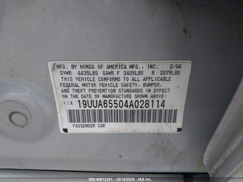 2004 Acura Tl VIN: 19UUA65504A028114 Lot: 40612381
