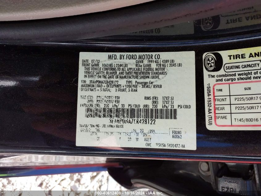 2012 Ford Fusion Se VIN: 3FAHP0HA7CR428122 Lot: 40612408