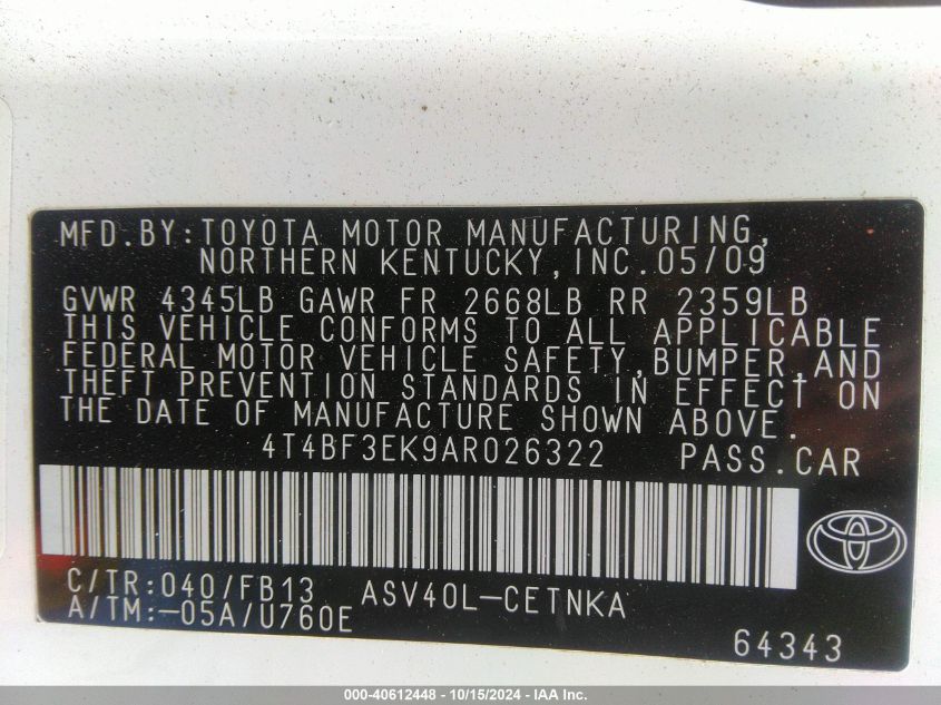 2010 Toyota Camry VIN: 4T4BF3EK9AR026322 Lot: 40612448