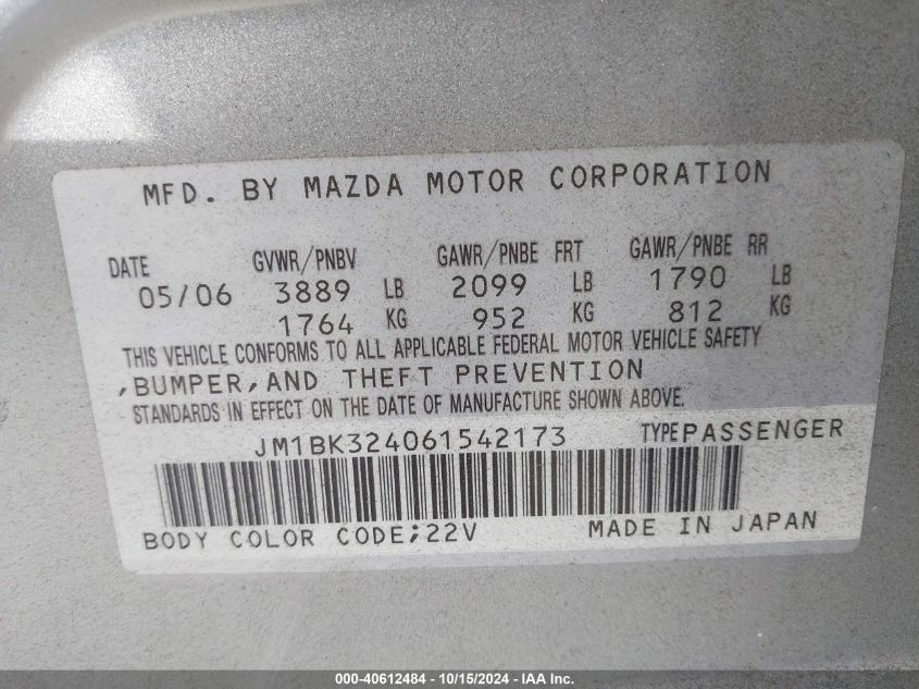 2006 Mazda Mazda3 S Touring VIN: JM1BK324061542173 Lot: 40612484