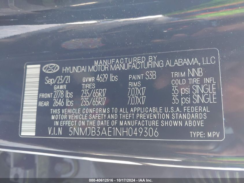 VIN 5NMJB3AE1NH049306 2022 HYUNDAI TUCSON SEL