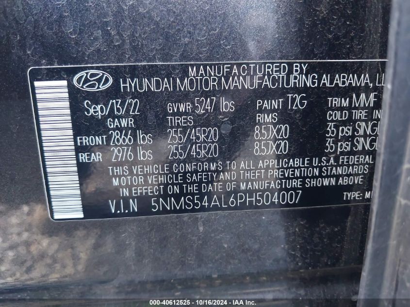 2023 Hyundai Santa Fe Calligraphy VIN: 5NMS54AL6PH504007 Lot: 40612525