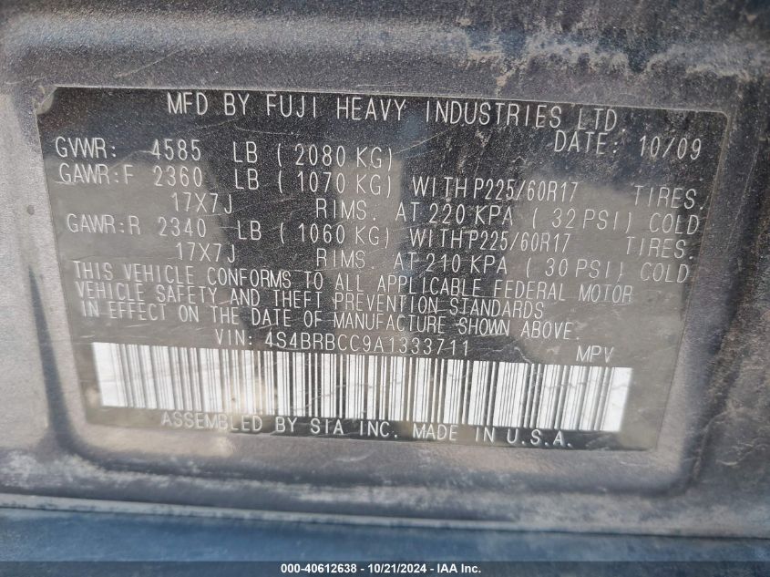 2010 Subaru Outback 2.5I Premium VIN: 4S4BRBCC9A1333711 Lot: 40612638