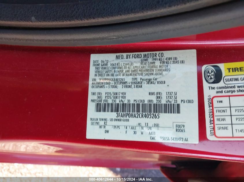 2012 Ford Fusion Se VIN: 3FAHP0HA2CR405265 Lot: 40612644