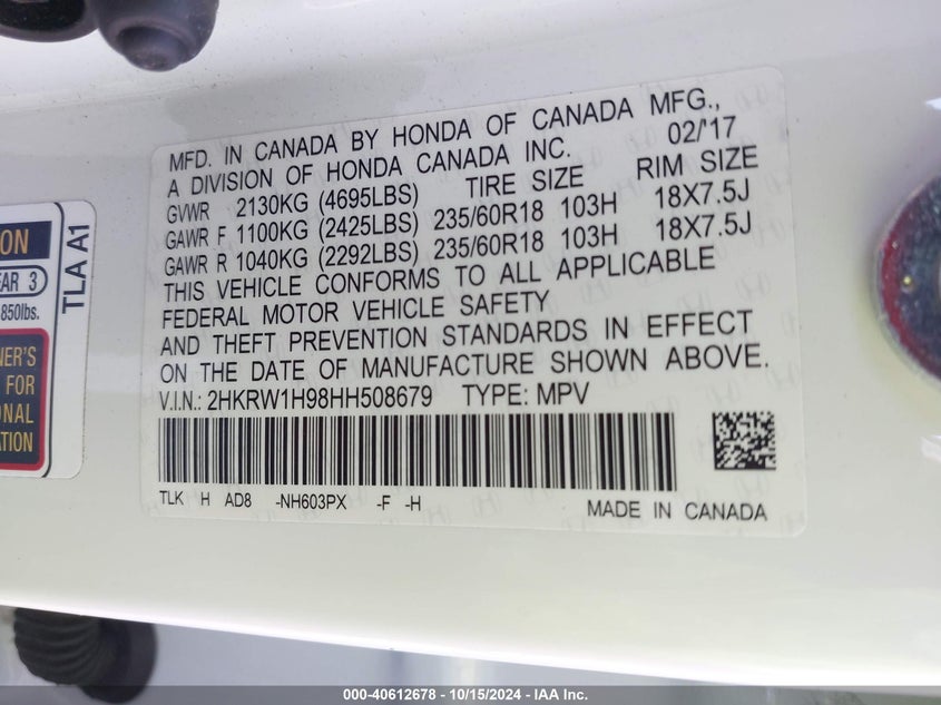 2017 HONDA CR-V TOURING - 2HKRW1H98HH508679