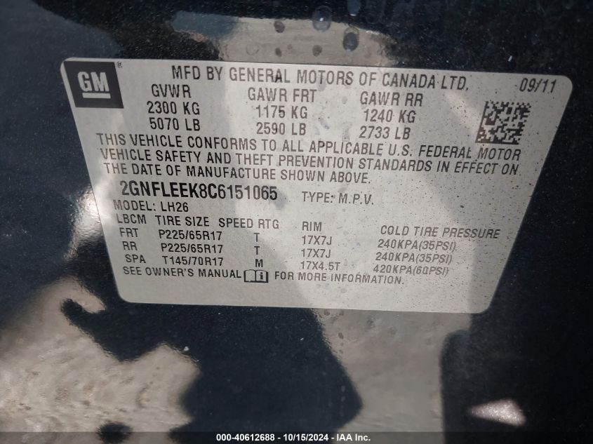 2012 Chevrolet Equinox 1Lt VIN: 2GNFLEEK8C6151065 Lot: 40612688