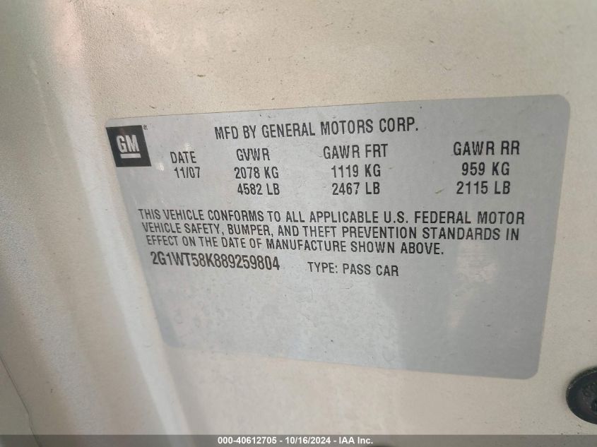 2008 Chevrolet Impala Lt VIN: 2G1WT58K889259804 Lot: 40612705