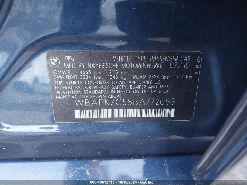 2011 BMW 328I xDrive VIN: WBAPK7C58BA772085 Lot: 40612713