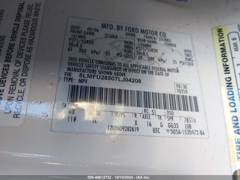 2007 Lincoln Navigator Ultimate VIN: 5LMFU28507LJ04208 Lot: 40612722