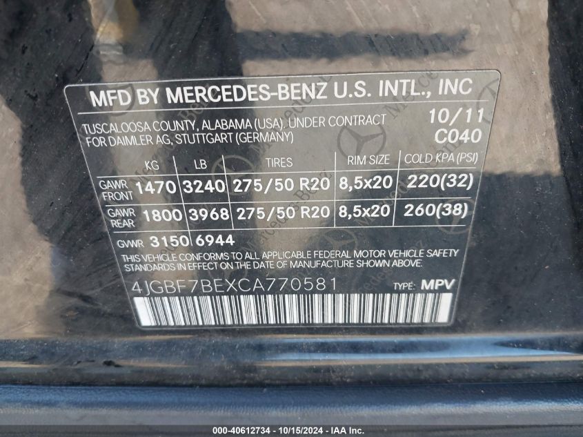 2012 Mercedes-Benz Gl 450 4Matic VIN: 4JGBF7BEXCA770581 Lot: 40612734