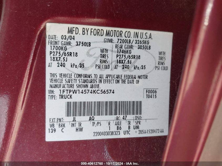 2004 Ford F-150 Fx4/Lariat/Xlt VIN: 1FTPW14574KC56574 Lot: 40612760