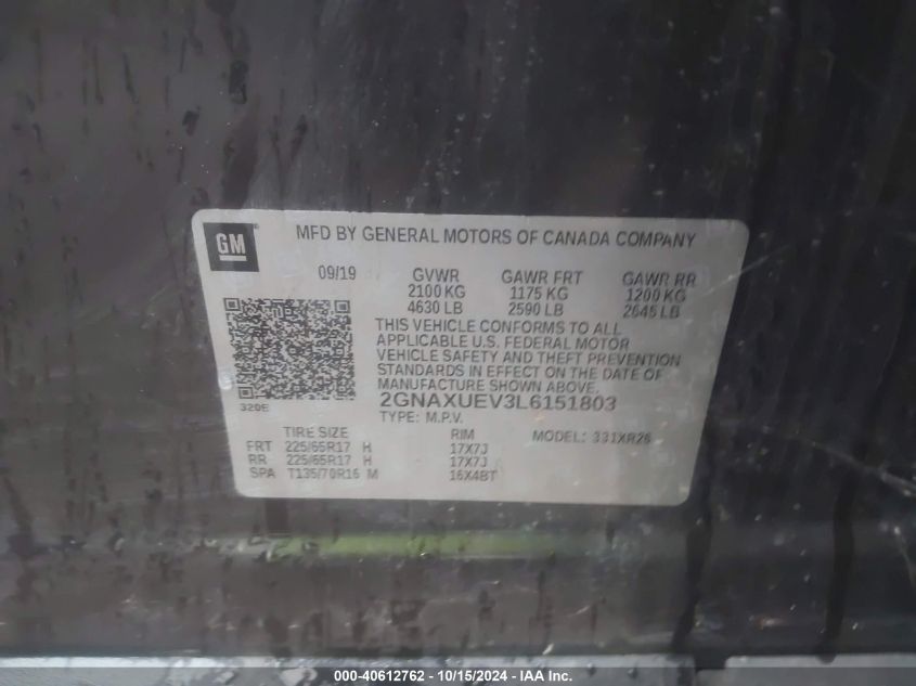 2020 Chevrolet Equinox Awd Lt 1.5L Turbo VIN: 2GNAXUEV3L6151803 Lot: 40612762