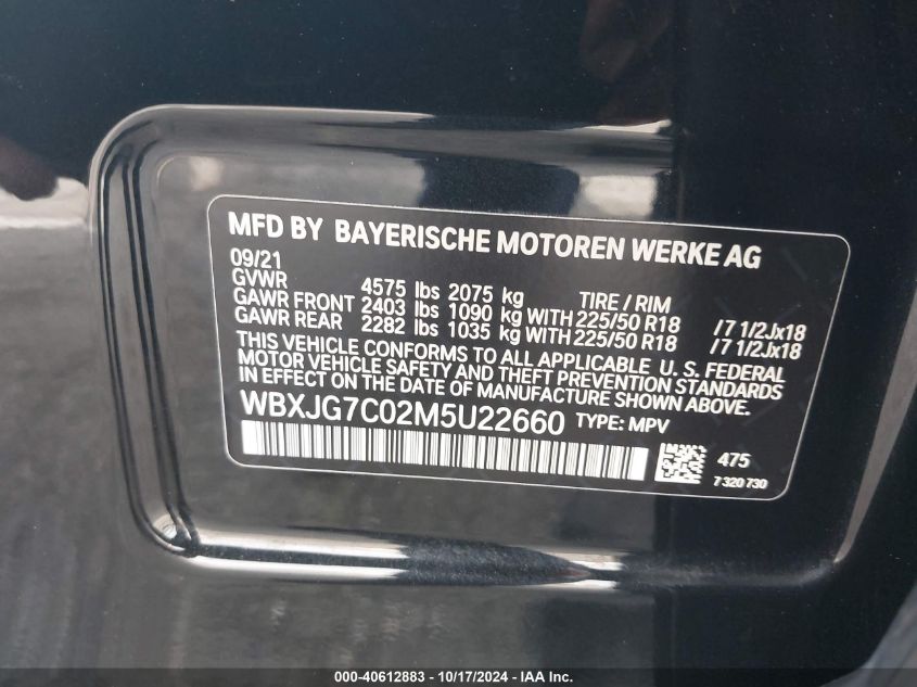 2021 BMW X1 Sdrive28I VIN: WBXJG7C02M5U22660 Lot: 40612883