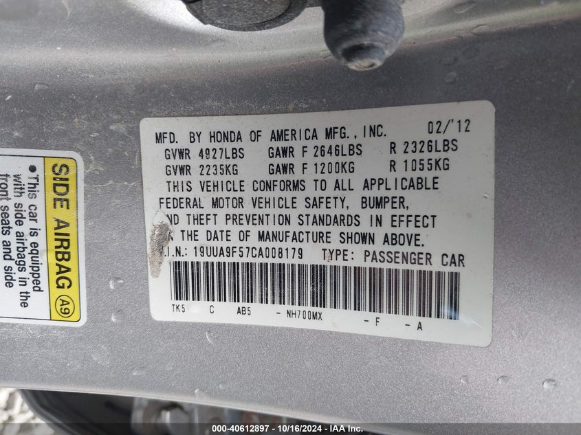 2012 ACURA TL VIN: 19UUA9F57CA008179