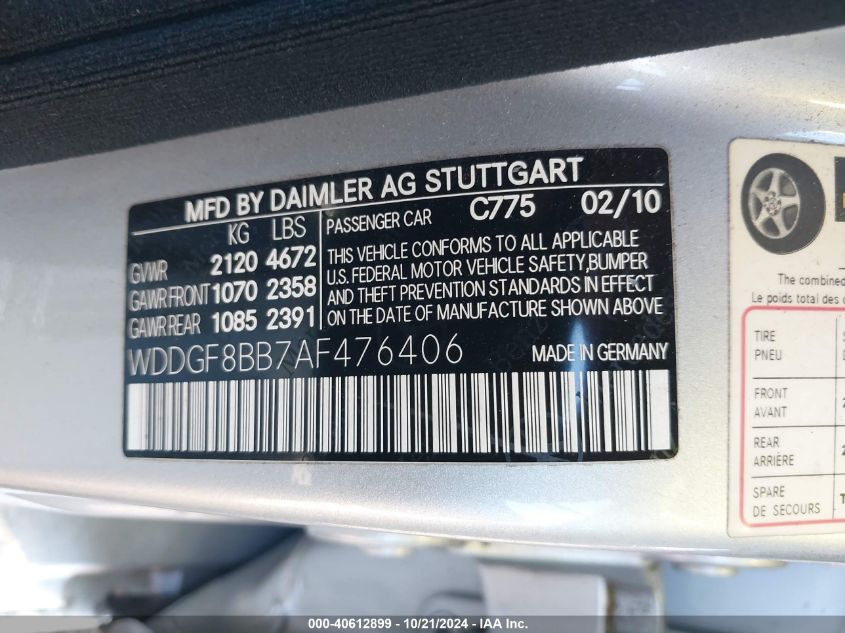 2010 Mercedes-Benz C 300 Luxury 4Matic/Sport 4Matic VIN: WDDGF8BB7AF476406 Lot: 40612899