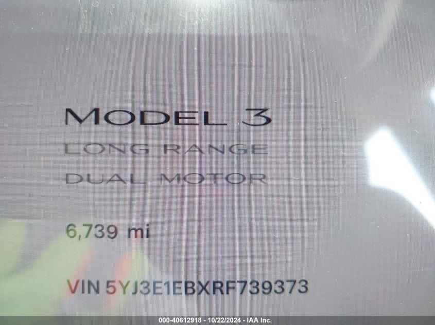 2024 Tesla Model 3 Long Range Dual Motor All-Wheel Drive VIN: 5YJ3E1EBXRF739373 Lot: 40612918