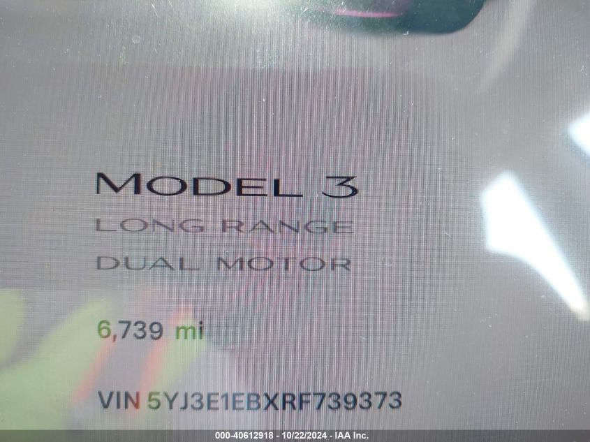 2024 Tesla Model 3 Long Range Dual Motor All-Wheel Drive VIN: 5YJ3E1EBXRF739373 Lot: 40612918