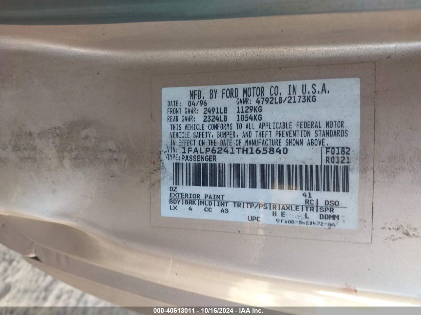 1996 Ford Thunderbird Lx VIN: 1FALP6241TH165840 Lot: 40613011
