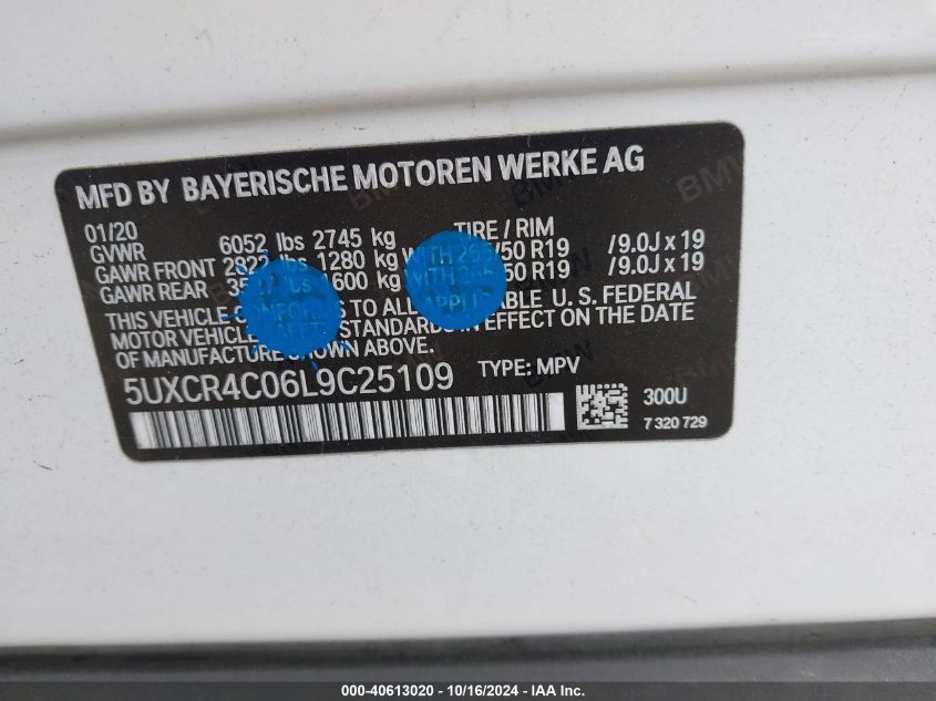 2020 BMW X5 Sdrive40I VIN: 5UXCR4C06L9C25109 Lot: 40613020