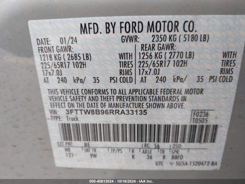 2024 Ford Maverick Xl VIN: 3FTTW8B96RRA33135 Lot: 40613024