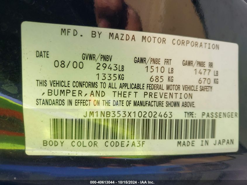 2001 Mazda Mx-5 Miata Ls/Special Edition VIN: JM1NB353X10202463 Lot: 40613044